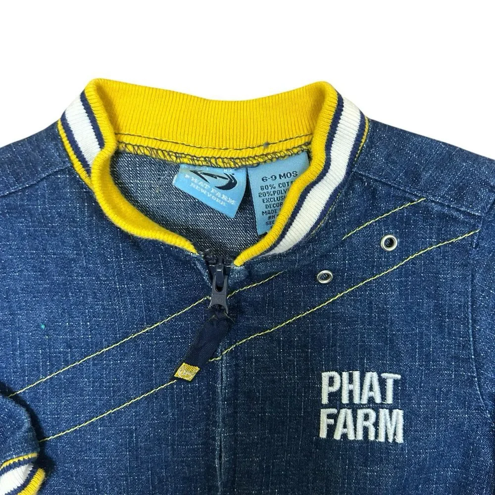 Phat Farm Boys Denim Jacket Size 6-9m‎ Blue Yellow Zip Logo Pockets